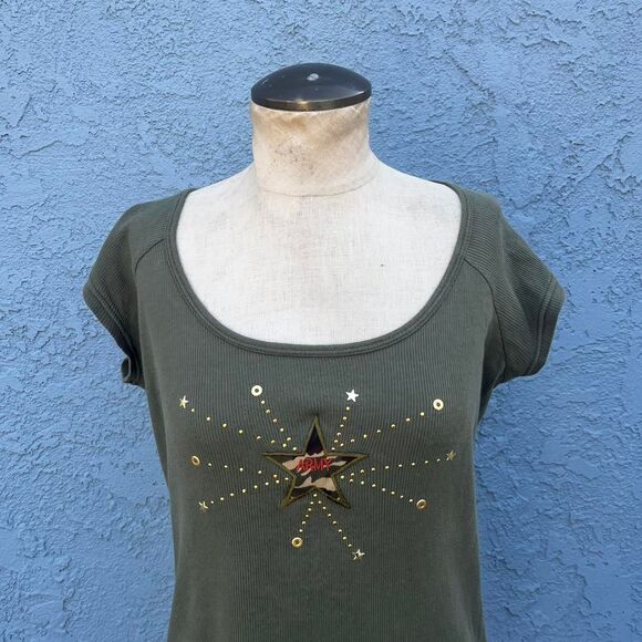 Y2k Baby Tee with Army Print Size 1X/2X  Embellished - Picture 3 of 8